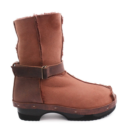OLGA BOOTS + Leather Shearling Dark Clog Boots + Teddy
