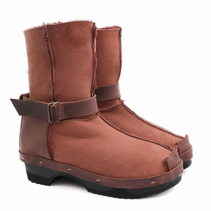 OLGA BOOTS + Leather Shearling Dark Clog Boots + Teddy