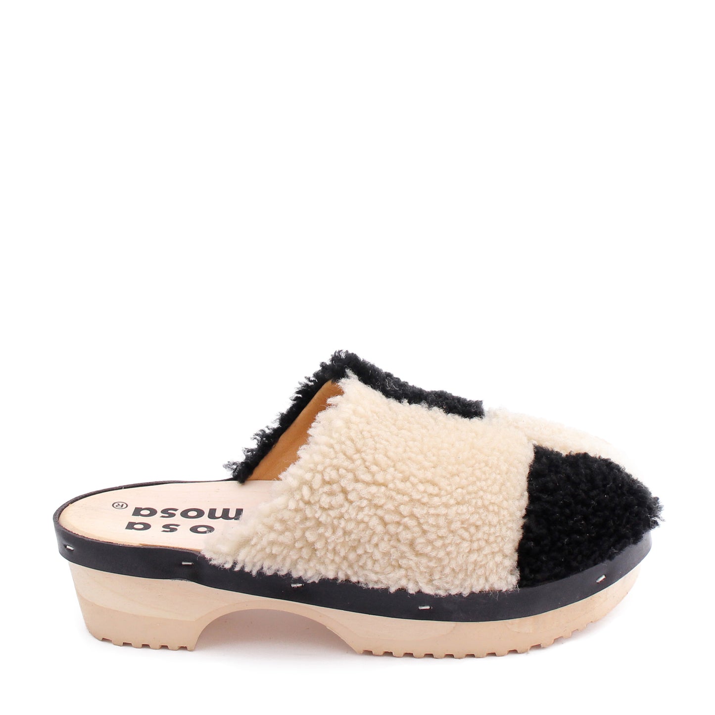 PANTO CURLY PATCHWORK + Shearling Clogs + Natural Black