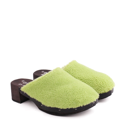ROCCO CURLY + Shearling Dark Clogs + Lime