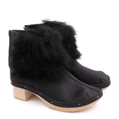 ROCCO shearling + Leather Shearling Clog Boots + Long Black