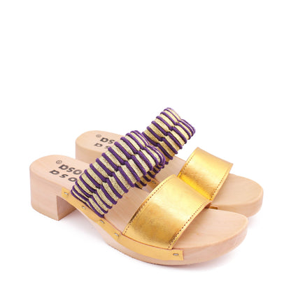 ROCCO KNOT + Cotton Leather Clog Sandals + Gold Lilac