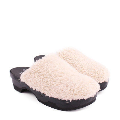 PANTO CURLY + Shearling Dark Clog Shoes + Natural
